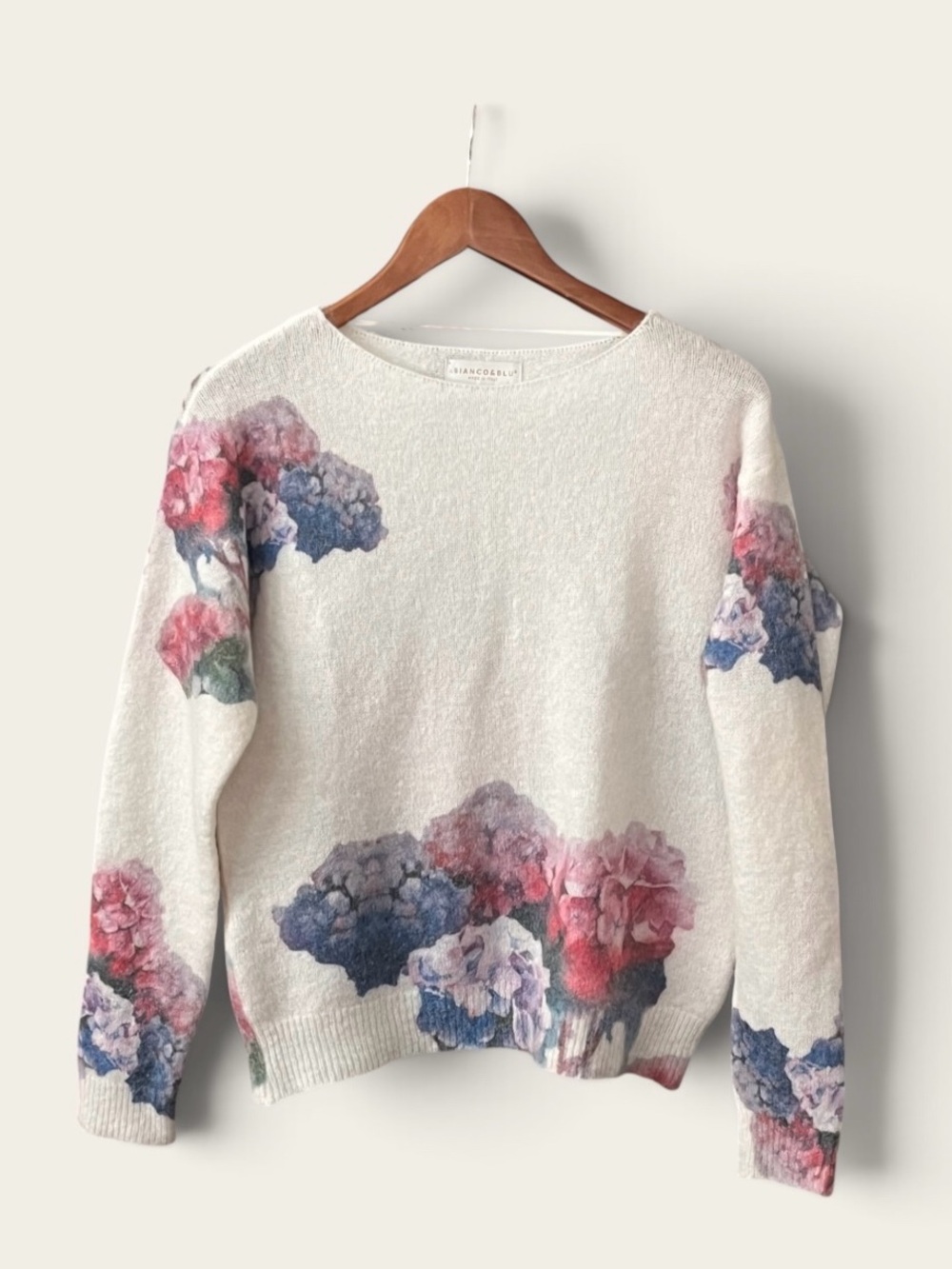 Beautiful Floral Print Crewneck Sweater - Cream with Pink & Blue Hydrangeas